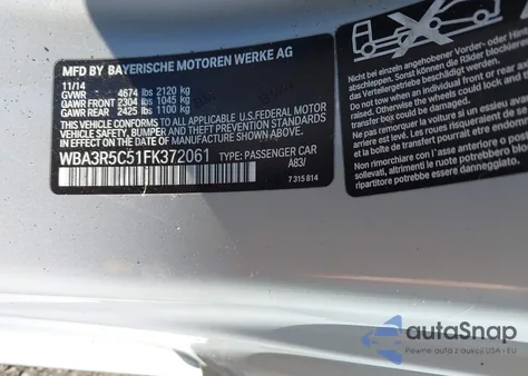 2015 BMW 435I xDrive из США, поврежденный, VIN WBA3R5C51FK372061